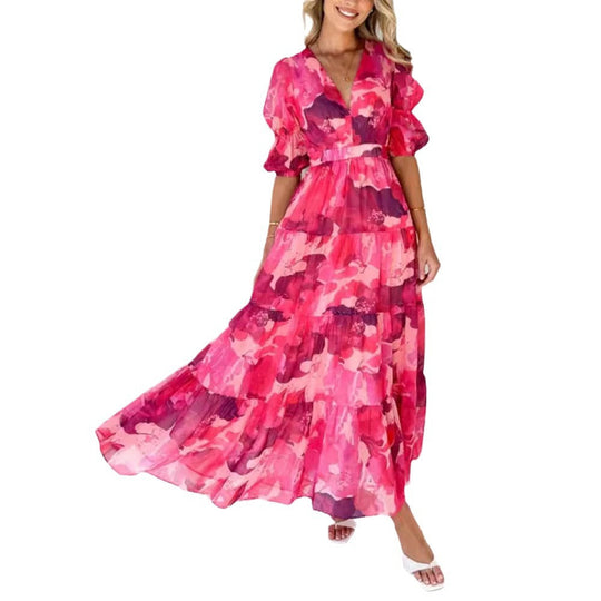 Damen nan mehrlagiges Maxikleid im Volant‑Stufenlook mit V‑Ausschnitt und geraffter Empire‑Taille