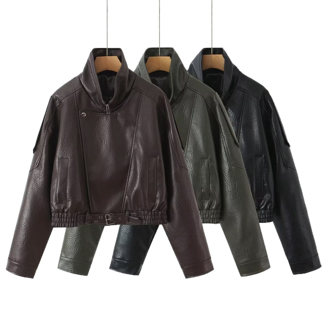 Damen Cropped Bikerblouson aus veganer Lederoptik mit asymmetrischer Frontpatte und Taillenbund Nord Taschen