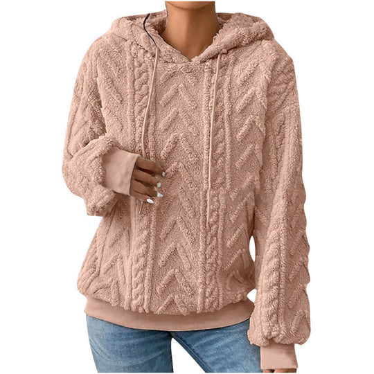 Damen Flauschiger Kapuzenpullover im Zopfmuster mit Oversize-Schnitt Nord Taschen
