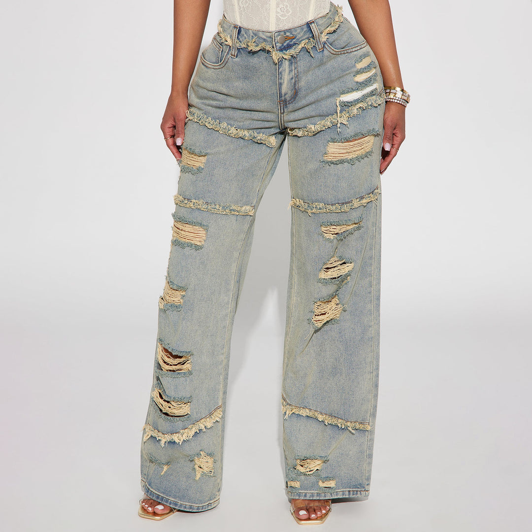 Damen Hochtaillierte Oversize-Jeans mit weitem Bein und ausgefransten Rissen Nord Taschen