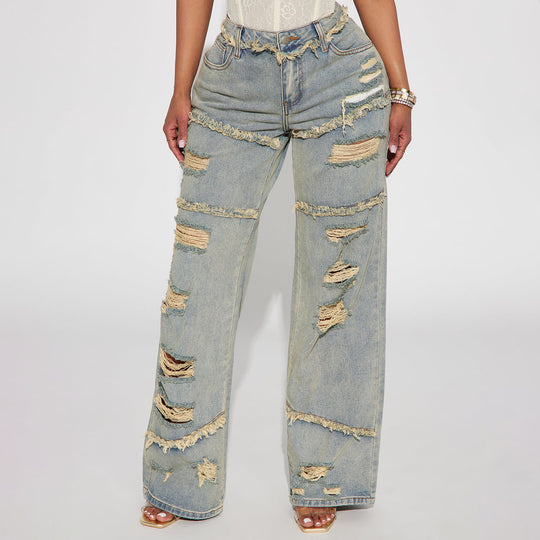 Damen Hochtaillierte Oversize-Jeans mit weitem Bein und ausgefransten Rissen Nord Taschen