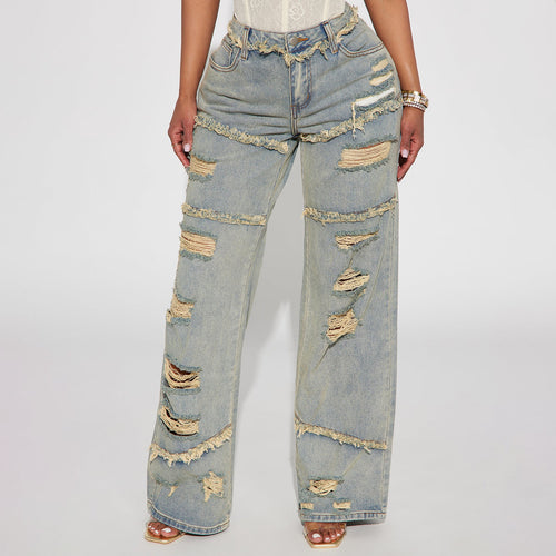 Damen Hochtaillierte Oversize-Jeans mit weitem Bein und ausgefransten Rissen Nord Taschen