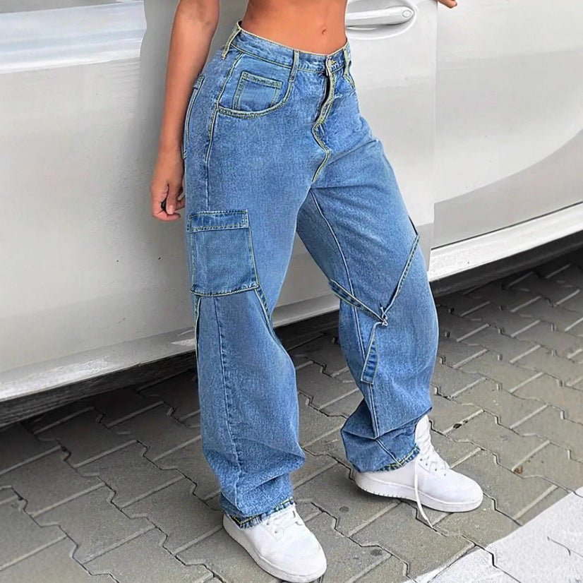 Damen Baggy-Cargo-Jeanshose mit weitem Bein, aufgesetzten Taschen und Reißverschluss-Detail Nord Taschen