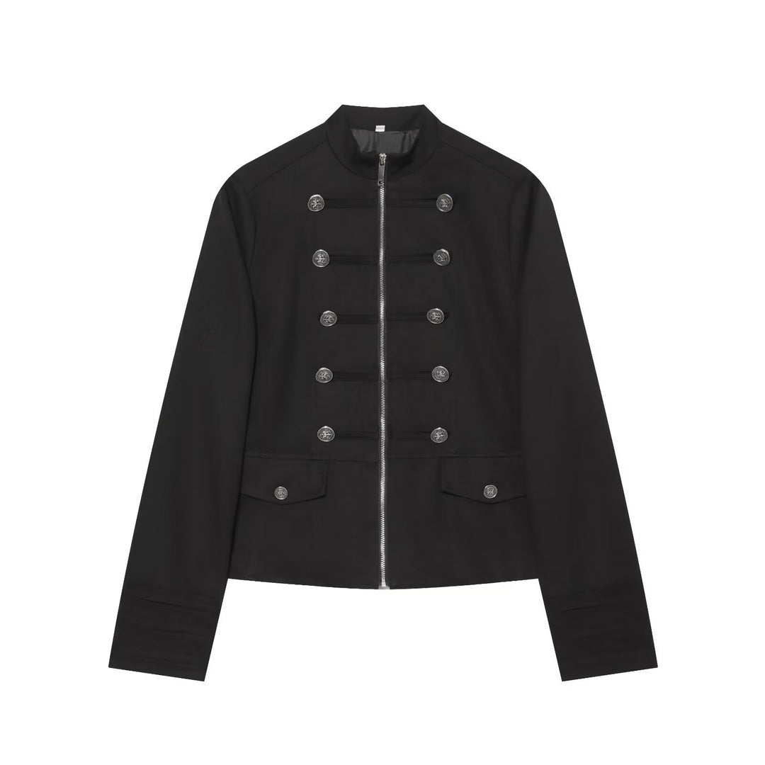 Damen Kurze Militärinspirierte Jacke mit Stehkragen Doppelreihenknöpfen und Reißverschluss Nord Taschen