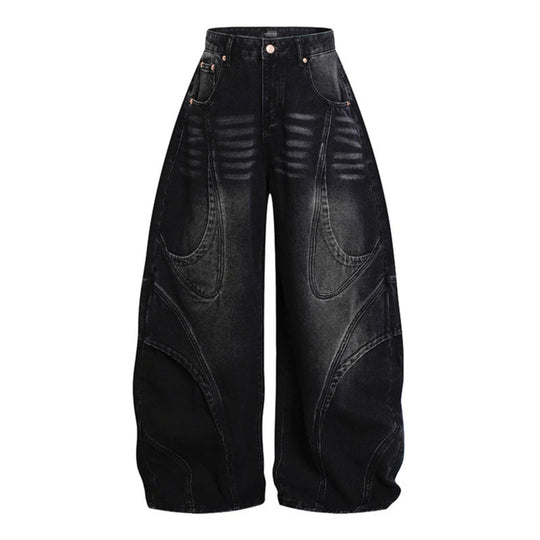 Damen Weite Hochtaillierte Ballon-Jeans mit markanten Panelnähten Nord Taschen