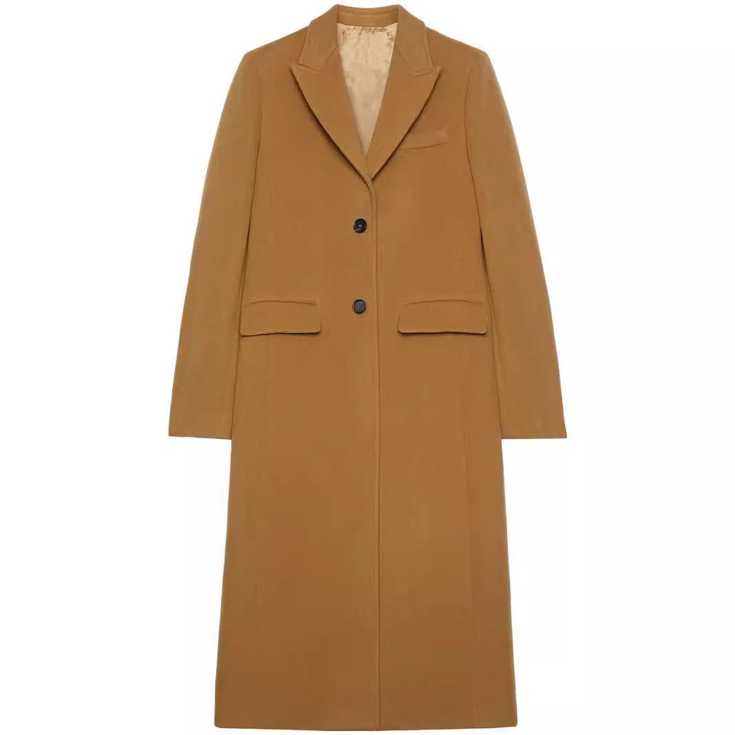 Damen Maxilanger Einreihiger Longcoat im minimalistischen Tailoring mit Pattentaschen Nord Taschen