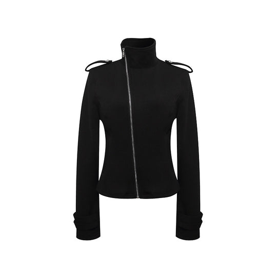 Damen Figurnahe Zip-Jacke mit Stehkragen, asymmetrischem Reißverschluss und Schulterklappen Nord Taschen