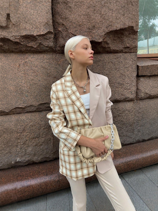 Damen Zweifarbiger Oversize-Blazer mit Karomuster und Reverskragen Nord Taschen