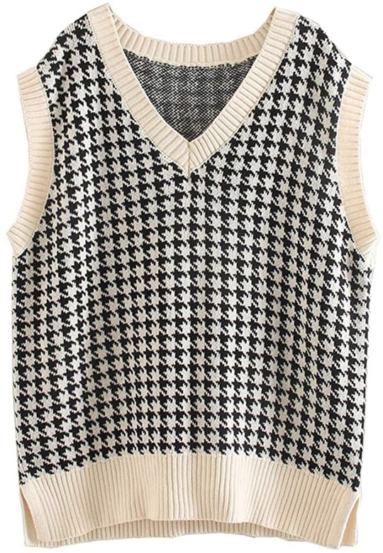 Damen ärmellose Strickweste mit modernem Hahnentrittmuster
