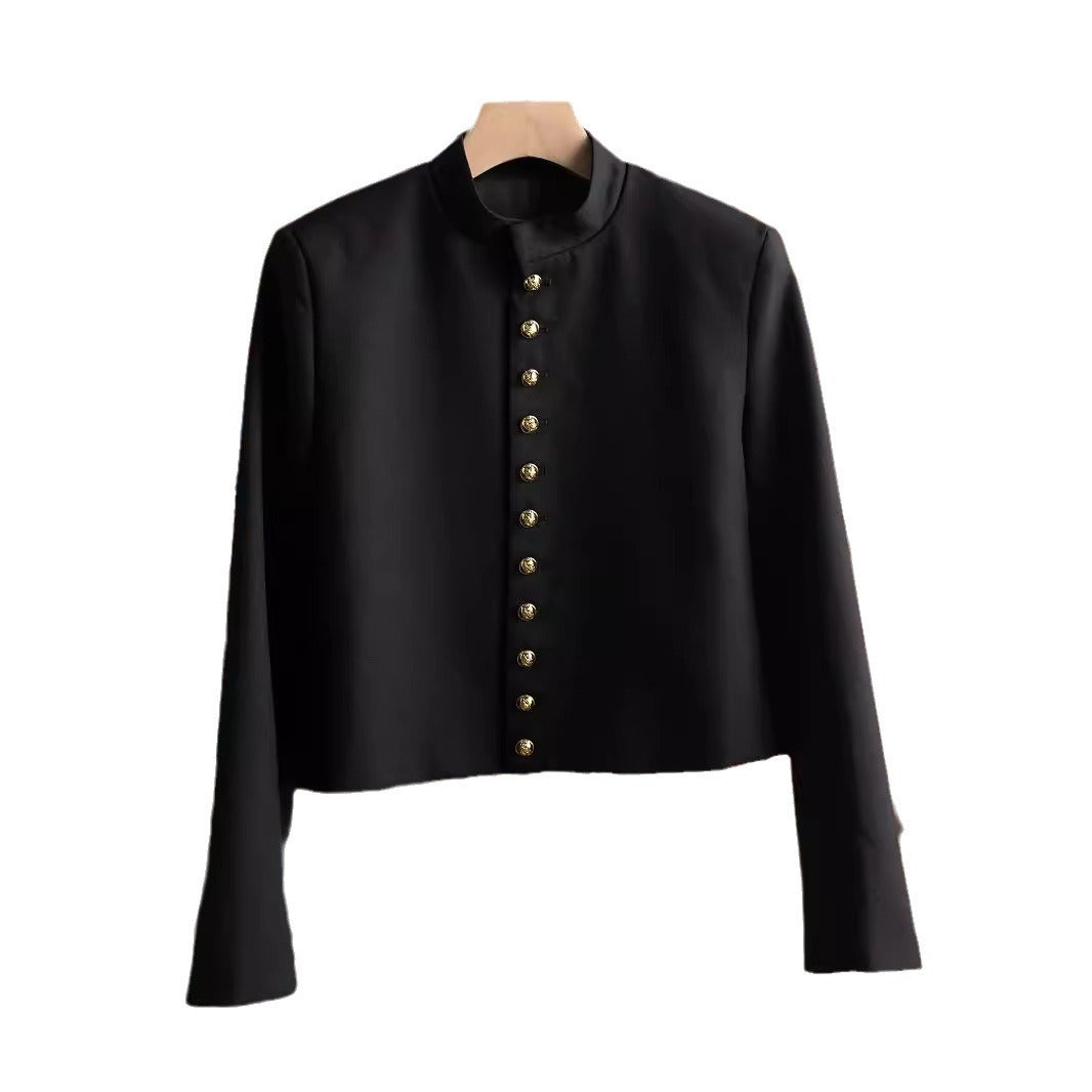 Damen Modische Jacke mit Stehkragen und goldenen Knöpfen Nord Taschen