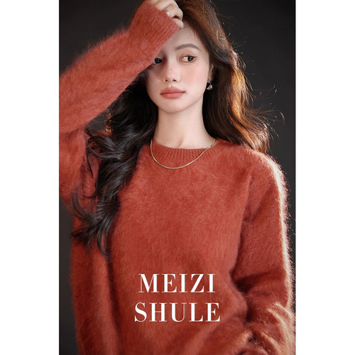 Damen Flauschiger Mohair-Optik Strickpullover mit Rundhalsausschnitt Nord Taschen