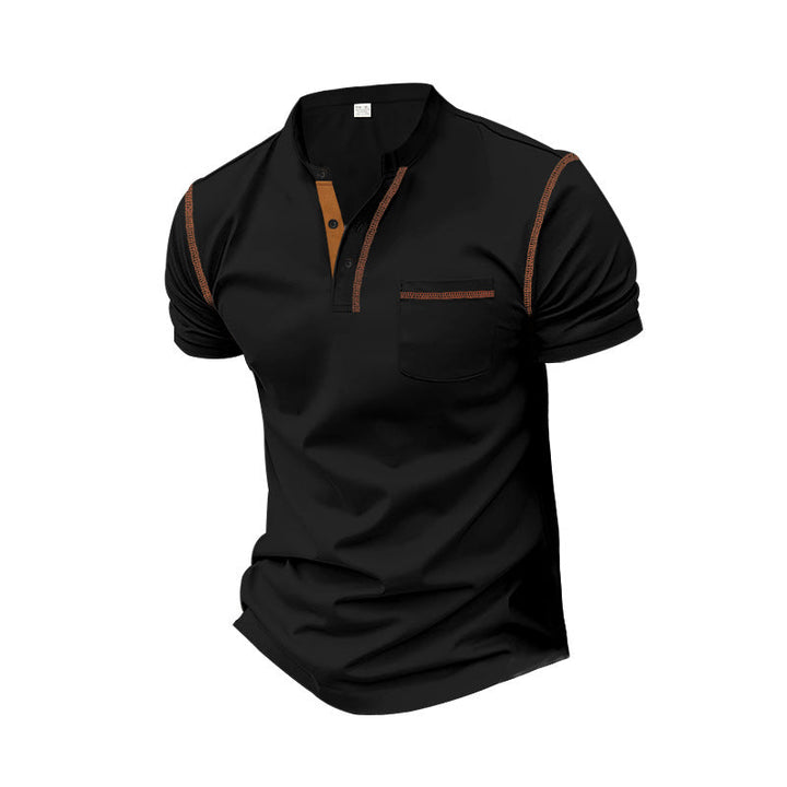 Herren nan Kurzarm-Polo im Henleystil mit Stehkragen, Brusttasche und Kontrastnaht
