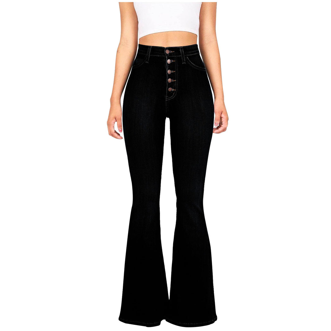 Damen High-Waist Flared Jeans mit dekorativen Knopfdetails und elastischem Bund Nord Taschen