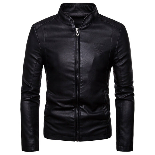 Herren schmal geschnittene Lammleder-Bikerjacke mit Stehkragen und tonalen Ziernähten Nord Taschen