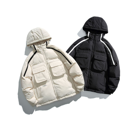 Unisex Kurz geschnittener Boxy-Puffer mit Kapuze, Kontraststreifen und großen Klappentaschen Nord Taschen