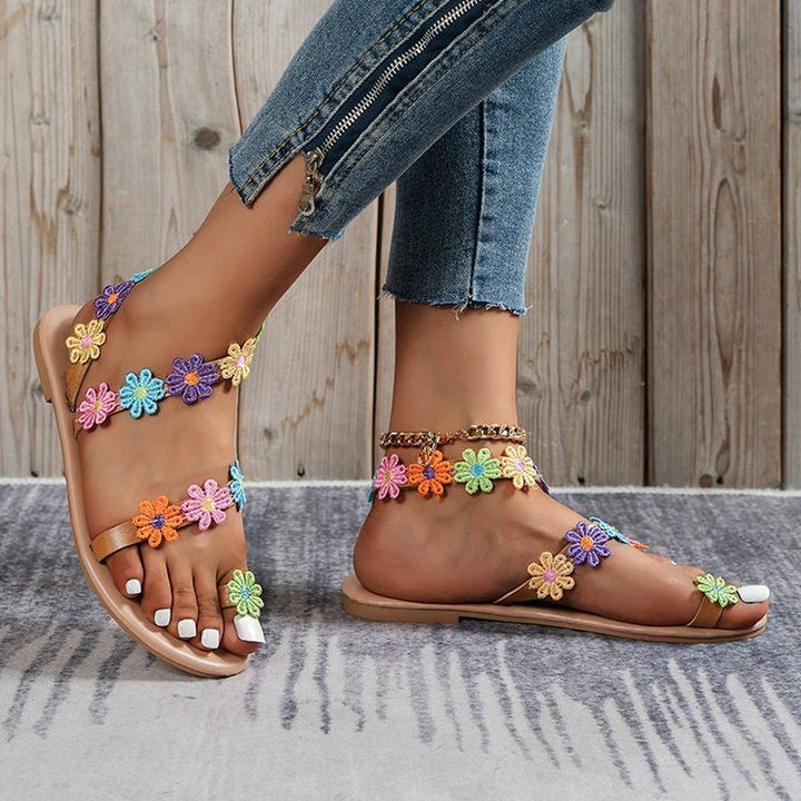 Damen Sommer Sandalen mit buntem Blüten-Design und rutschfester Sohle