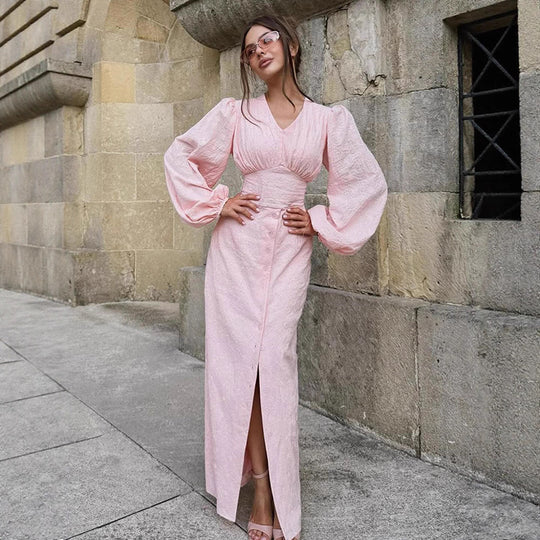 Damen Maxikleid mit Puffärmeln, tailliertem Mieder und Frontknopfleiste Nord Taschen