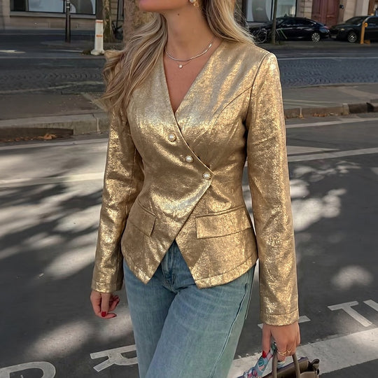 Damen Taillierter Blazer mit schimmernder Jacquardstruktur und Zierperlenknöpfen Nord Taschen