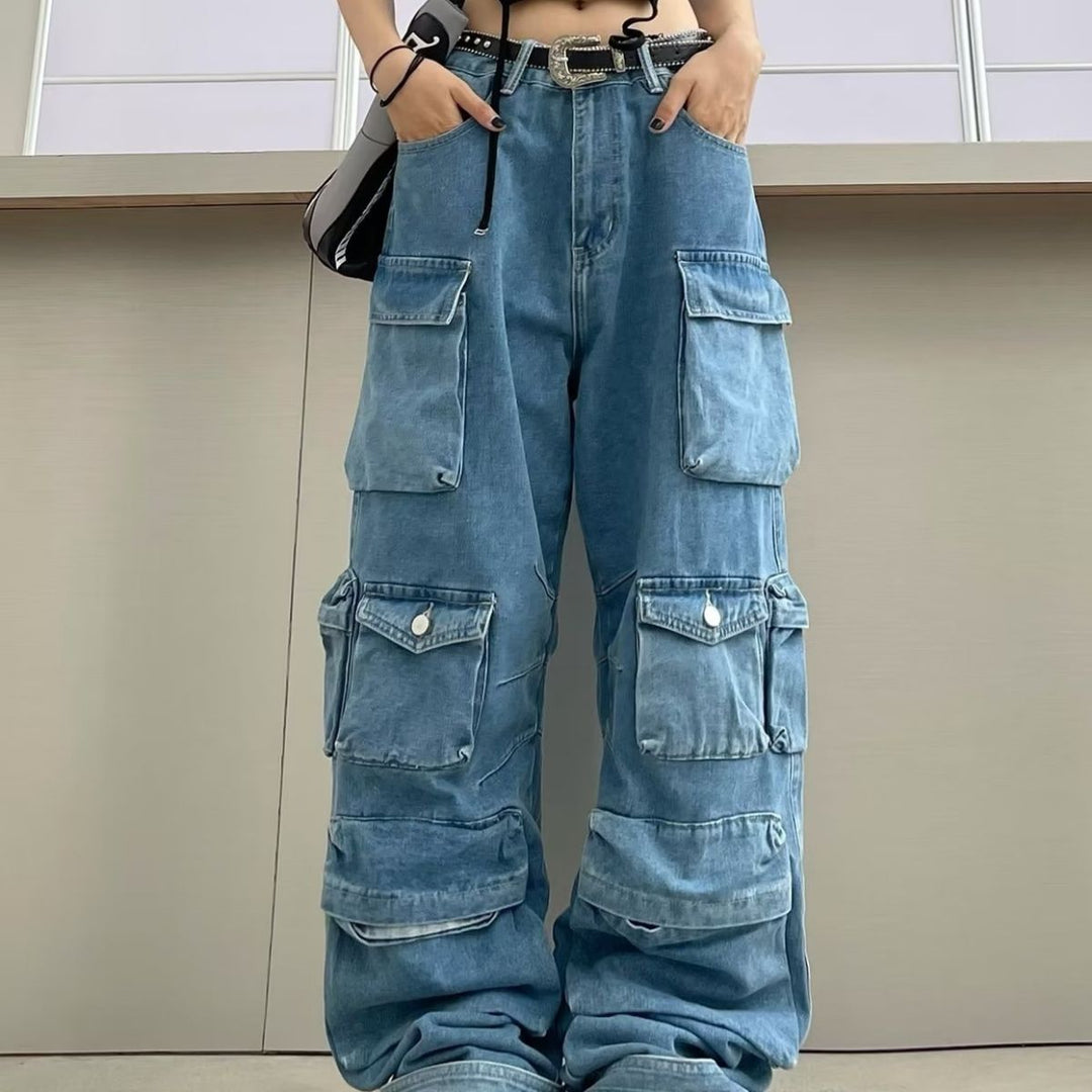 Damen weit geschnittene Cargo-Jeans mit mehreren Taschen und entspannter Passform - Arvani