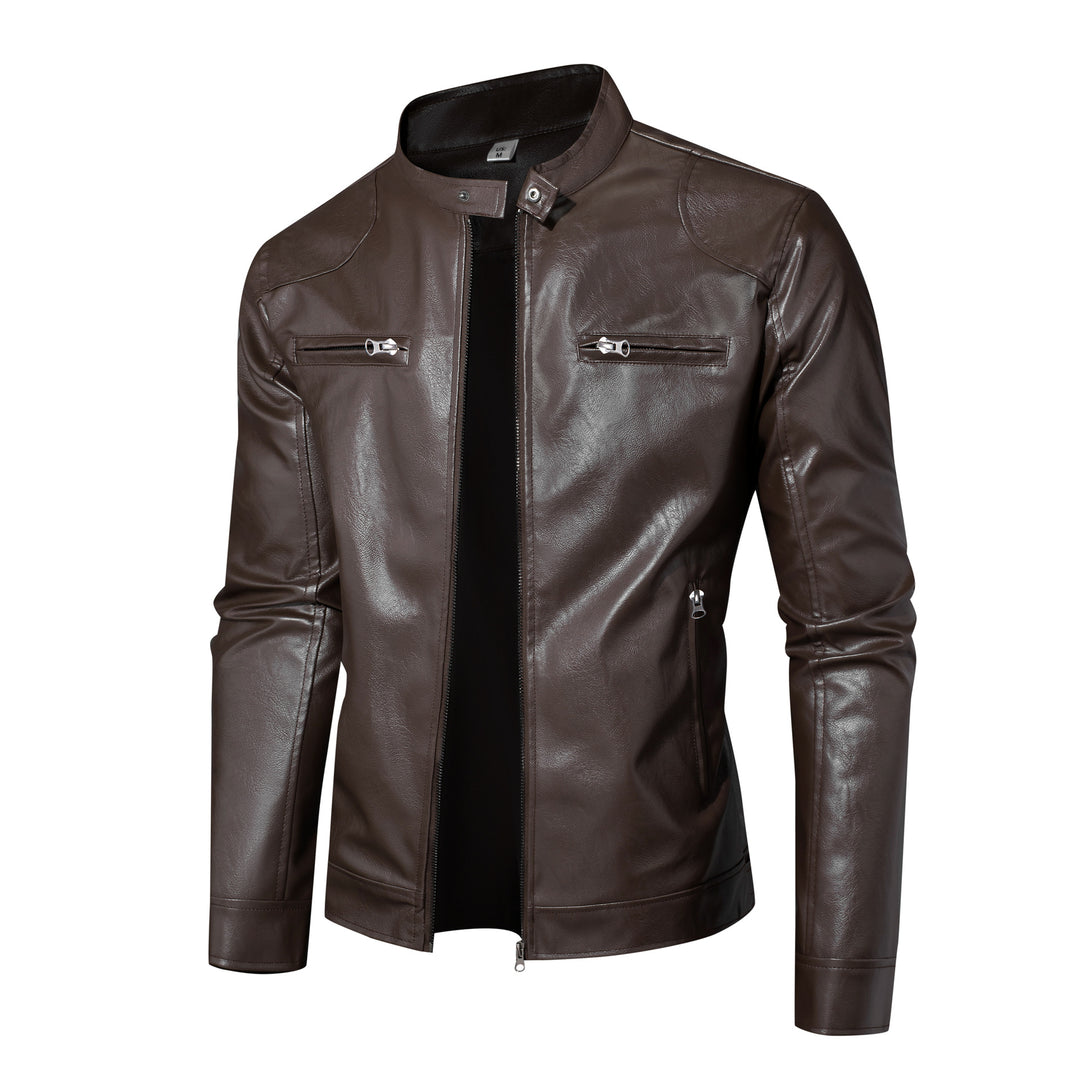Herren Lederjacke im Bikerstil mit Stehkragen und Reißverschlusstaschen Nord Taschen