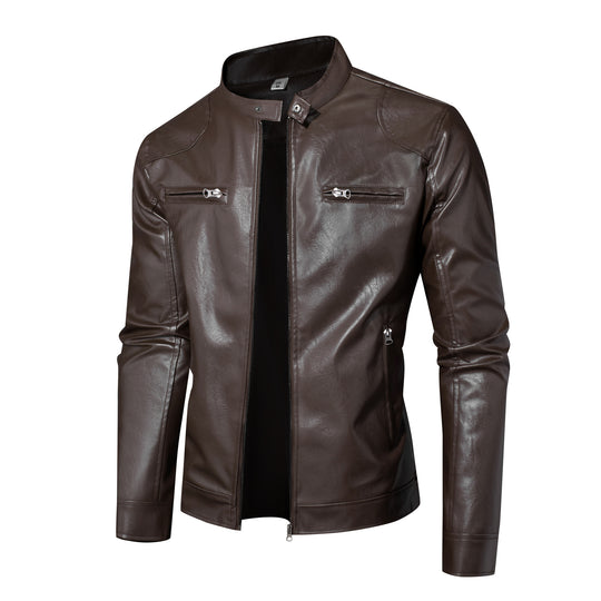 Herren Lederjacke im Bikerstil mit Stehkragen und Reißverschlusstaschen Nord Taschen