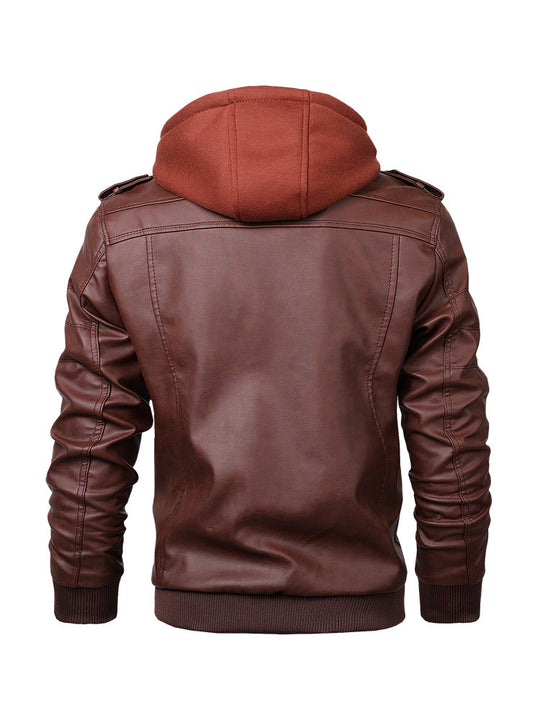Herren Urbaner Kapuzen-Lederjacke im Bikerstil mit Reißverschluss-Details und Rippbündchen Nord Taschen
