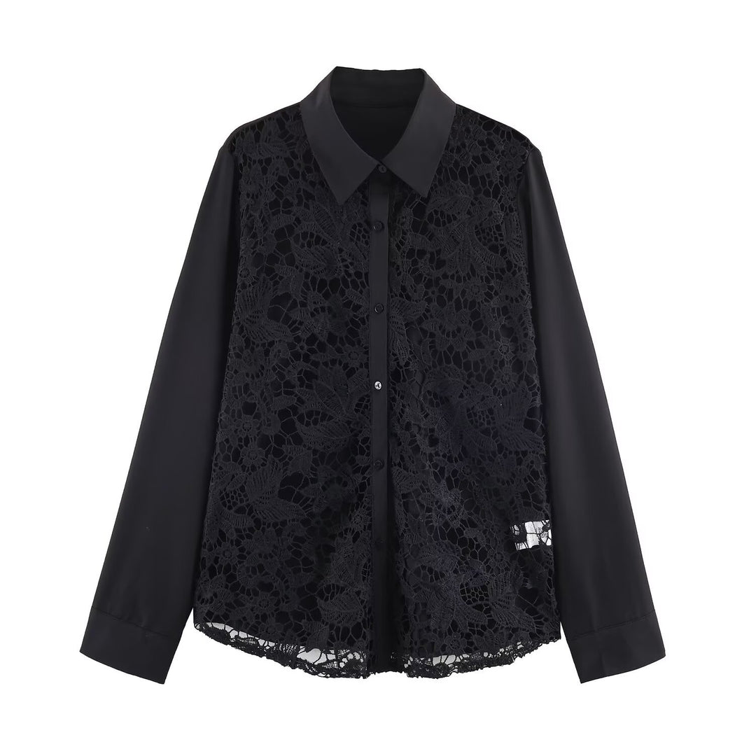 Damen Spitzenbluse mit floraler Spitze vorn, Satinärmeln und klassischem Hemdkragen Nord Taschen