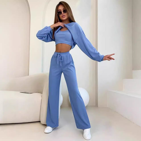 Damen Ripp-Lounge-Set mit Cut-Out Croptop, Oversize Cropped Pullover und High-Waist Jogginghose Nord Taschen