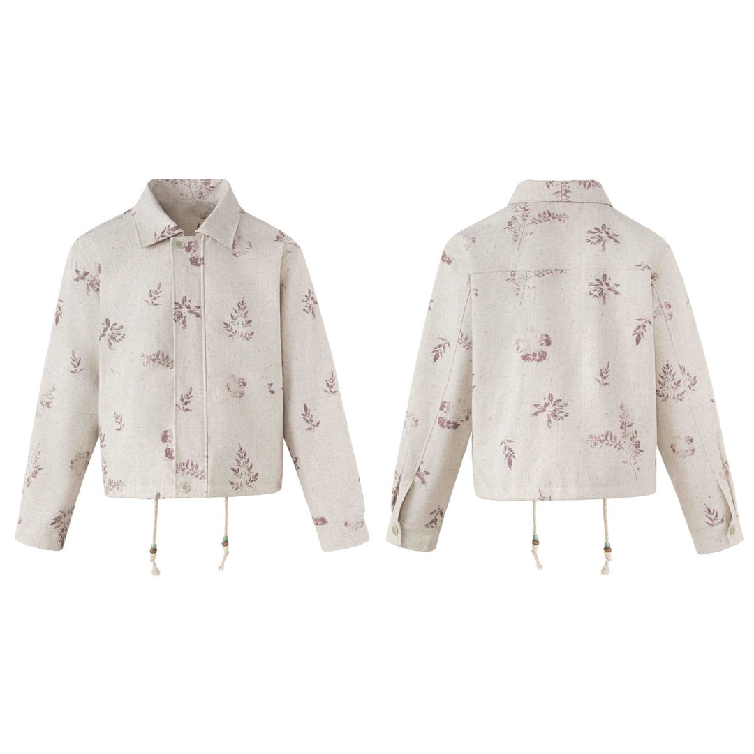 Damen Kurzer floraler Leinenblouson mit Kordelzug, verdeckter Knopfleiste und Hemdkragen Nord Taschen