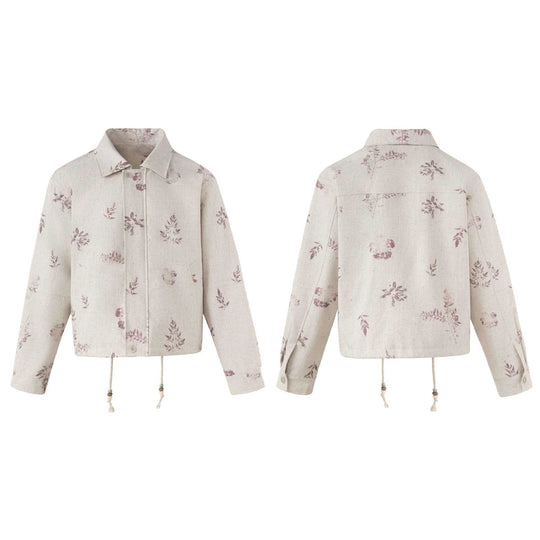 Damen Kurzer floraler Leinenblouson mit Kordelzug, verdeckter Knopfleiste und Hemdkragen Nord Taschen