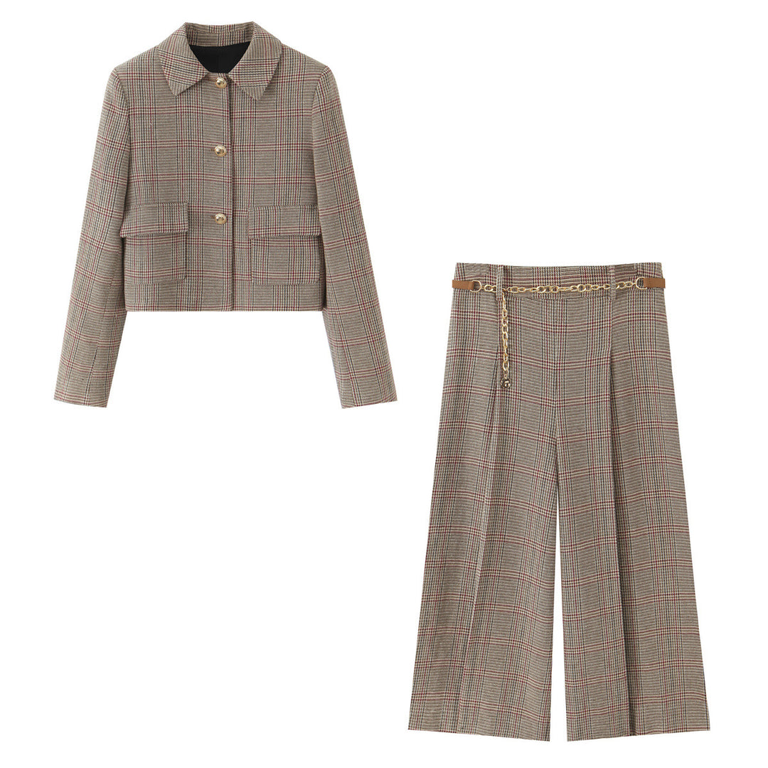Damen 200+ hochtaillierte weite Glencheck-Palazzohose mit Zierkettengürtel Nord Taschen