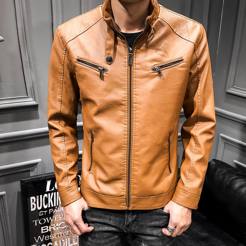 Herren Slim-Fit Kunstleder‑Racerblouson mit Stehkragen und Reißverschluss‑Brusttaschen Nord Taschen