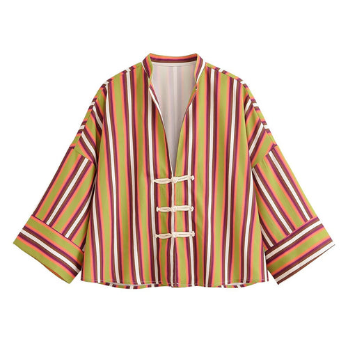 Damen Gestreifte Kimono‑Jacke mit kurzen Trompetenärmeln und dekorativen Knotenverschlüssen Nord Taschen