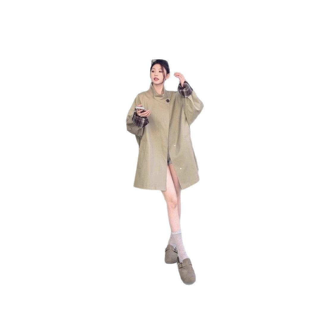 Damen Oversized Kurzmantel mit Stehkragen und kariertem Ärmelfutter Nord Taschen