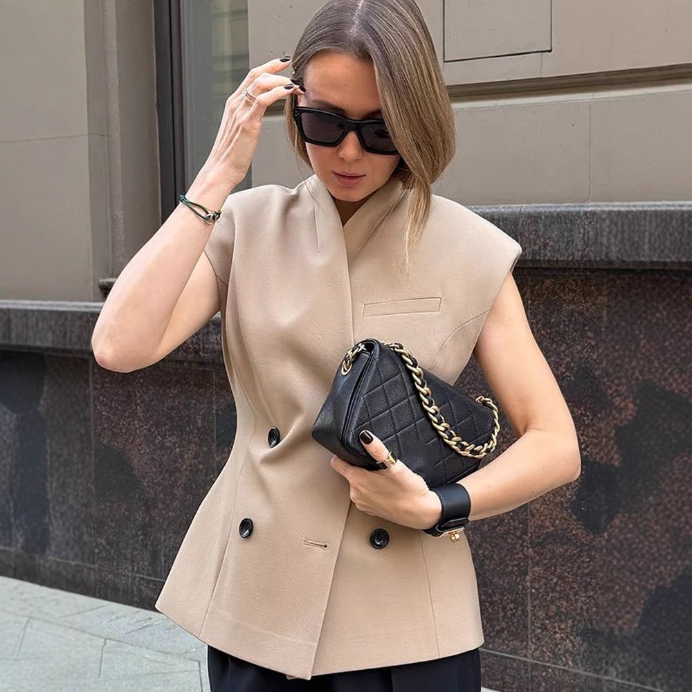 Damen Ärmellose taillierte Blazer-Weste mit doppelter Knopfleiste & strukturierter Schulterpartie Nord Taschen