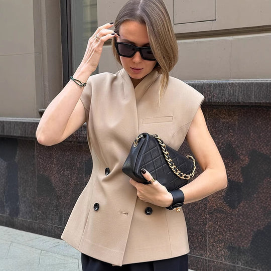 Damen Ärmellose taillierte Blazer-Weste mit doppelter Knopfleiste & strukturierter Schulterpartie Nord Taschen