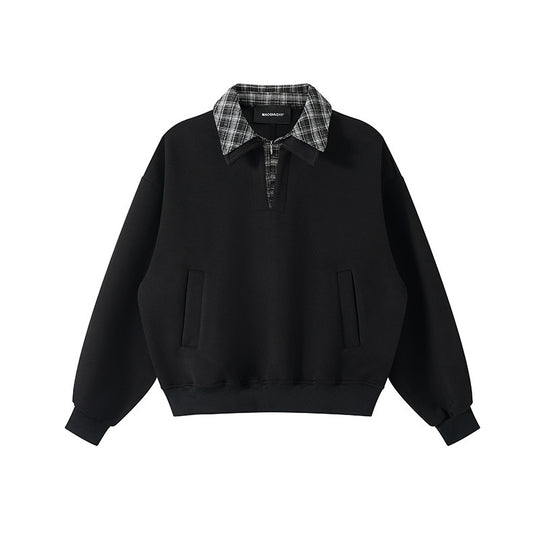 Unisex Oversize-Sweatshirt mit eingesetztem Karo-Hemdkragen und halbem Reißverschluss Nord Taschen