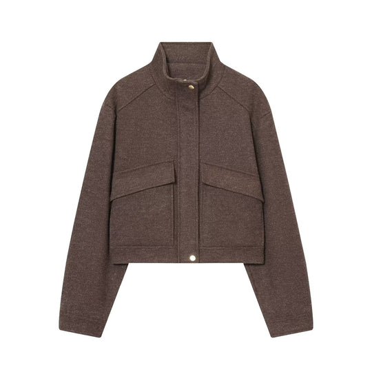 Damen Kurz geschnittene Wollmix-Boxy-Jacke mit Stehkragen und Pattentaschen Nord Taschen