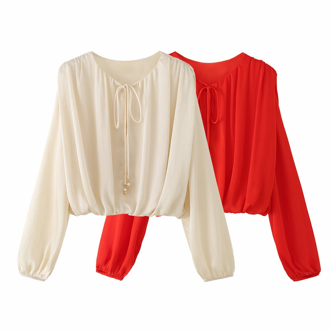 Damen Leichte Plissée-Cropped-Bluse mit Tunnelzugkragen und Ballonärmeln Nord Taschen