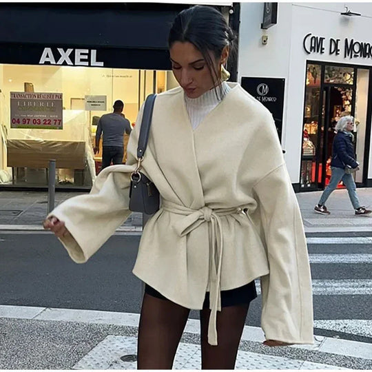 Damen 600+ taillierte Wickeljacke mit Bindegürtel und Kimonoärmeln Nord Taschen
