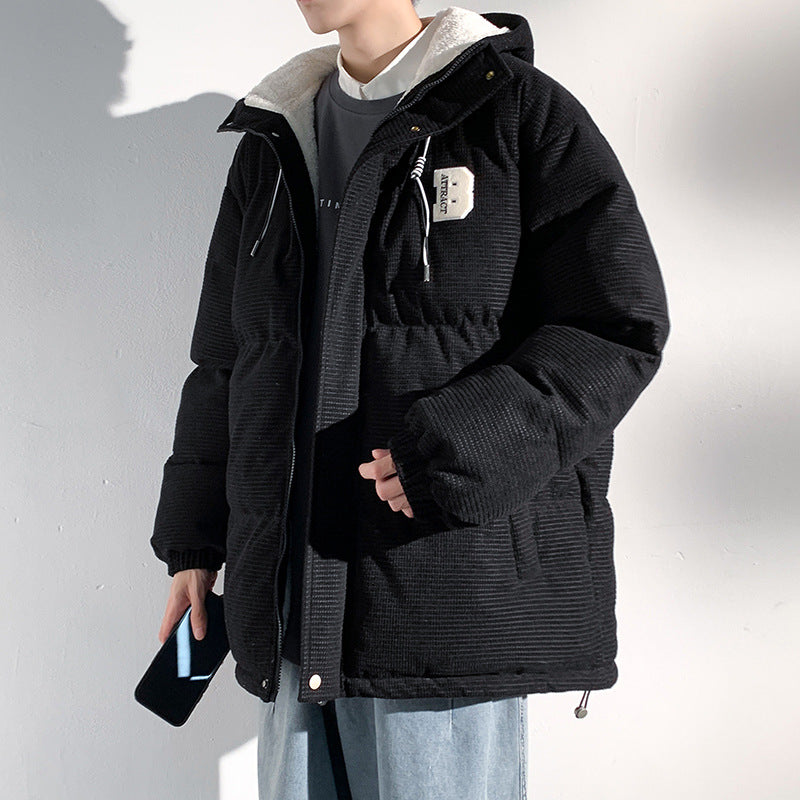 Herren Gepolsterte Cord-Steppjacke mit Kapuze, Teddyfleece-Innenfutter und Oversize-Schnitt Nord Taschen