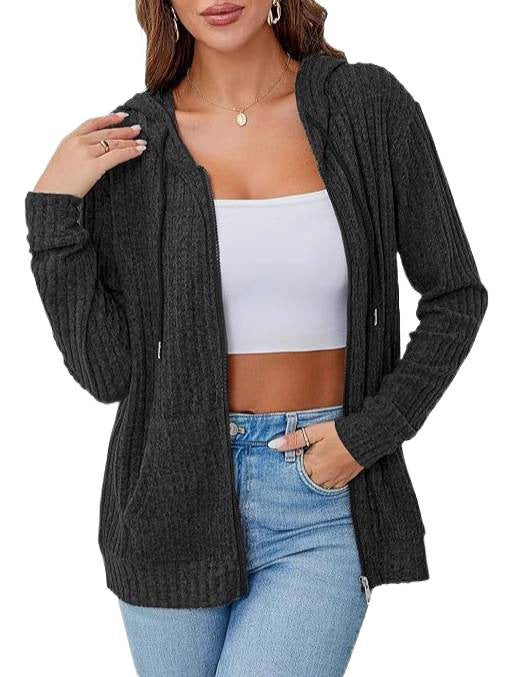 Damen Strick-Kapuzenjacke mit Reißverschluss, Strukturstrick und Kängurutaschen Nord Taschen