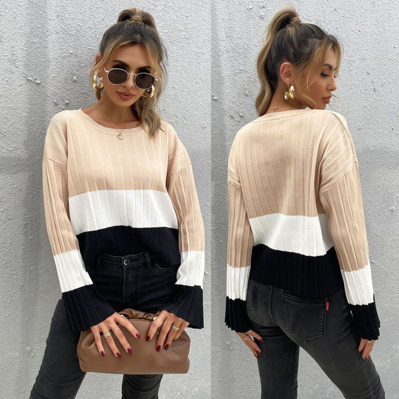 Damen Gerippter Colorblock-Pullover mit weitem Ärmelbündchen Nord Taschen