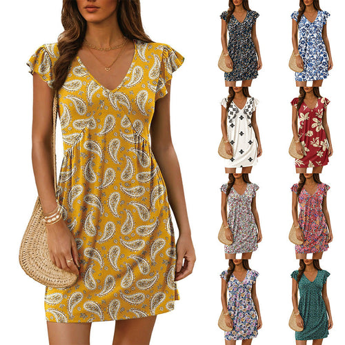 Damen luftiges sommerliches Kleid mit floralem Muster und V-Ausschnitt