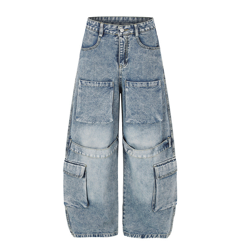 Damen Hochgeschnittene weite Cargo-Palazzo-Jeans mit großen aufgesetzten Taschen und Vintage-Waschung Nord Taschen