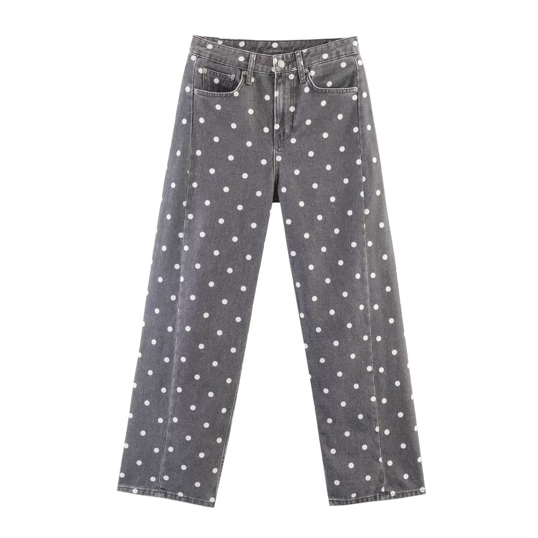 Damen Weite High-Waist-Jeans mit ganzflächigem Punktenmuster und geradem Bein Nord Taschen