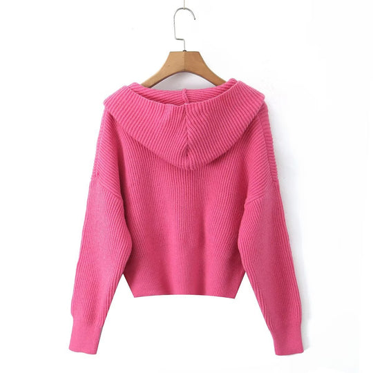 Damen Kurze Rippstrick-Cardigan mit weitem Kapuzenkragen und aufgesetzten Taschen Nord Taschen