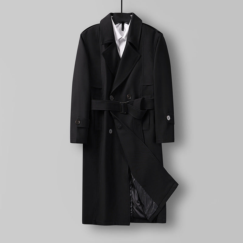 Herren Midilanger Doppelreihiger Trenchcoat mit Taillengürtel, abgefalcetem Revers und kariertem Innenfutter Nord Taschen