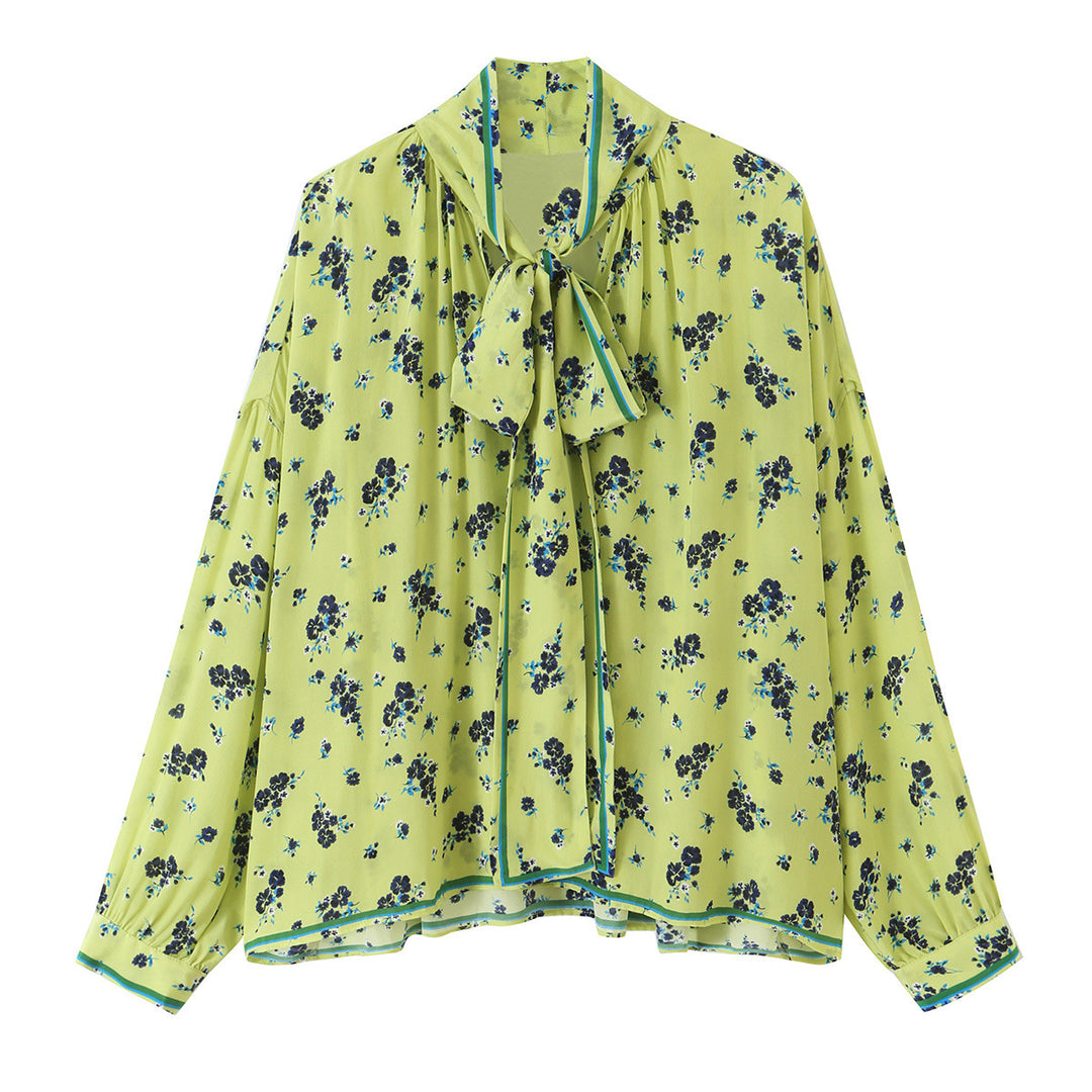 Damen Florale Satin-Schleifenbluse mit weitem Fall und Retro-Print Nord Taschen
