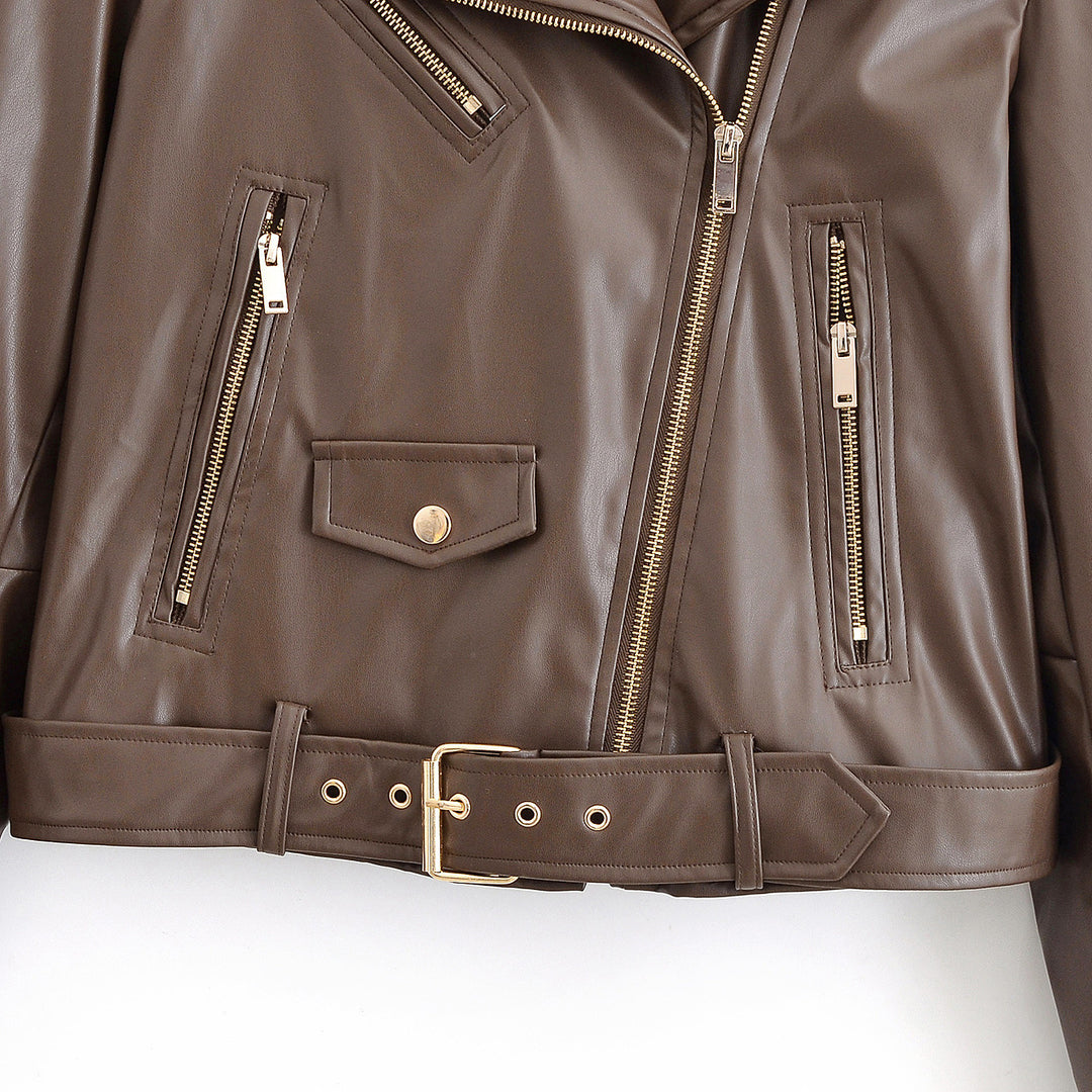 Damen Bikerjacke aus Lederimitat mit asymmetrischem Reißverschluss, Taillengürtel und goldfarbenen Details Nord Taschen
